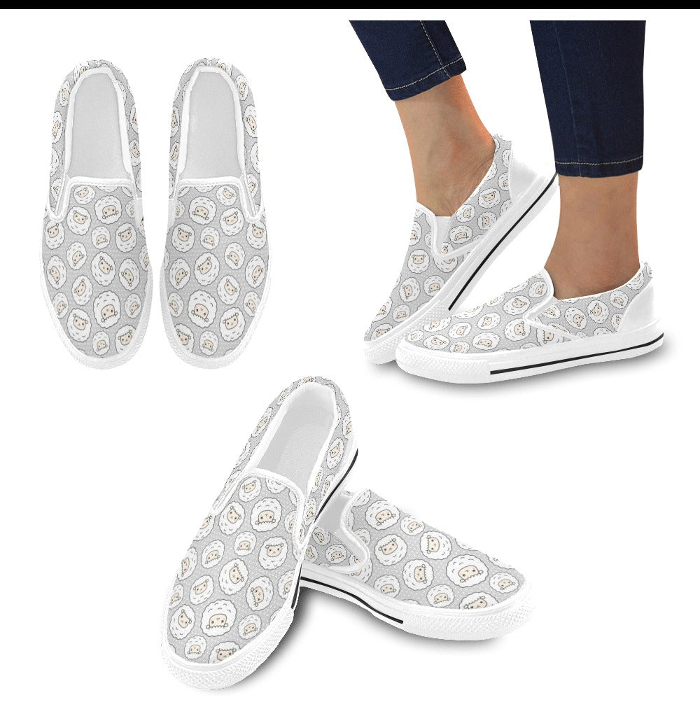 Sheep Print Design LKS401 White Slip Ons Canvas Women's Shoes