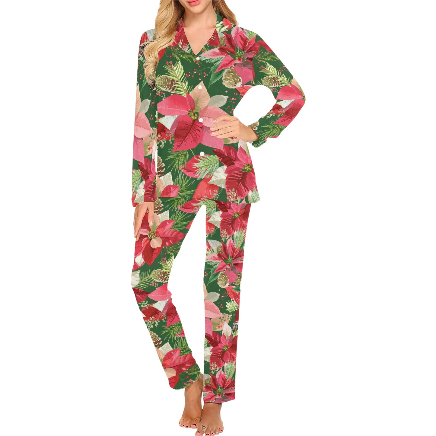 Poinsettia Pattern Print Design POT03 Women's Long Pajama Set