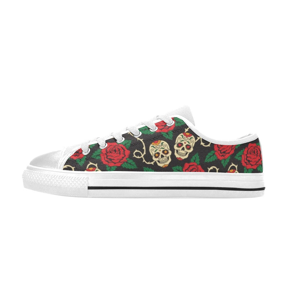 Sugar Skull Red Rose Print Design LKS301 Women's White Low Top Shoes