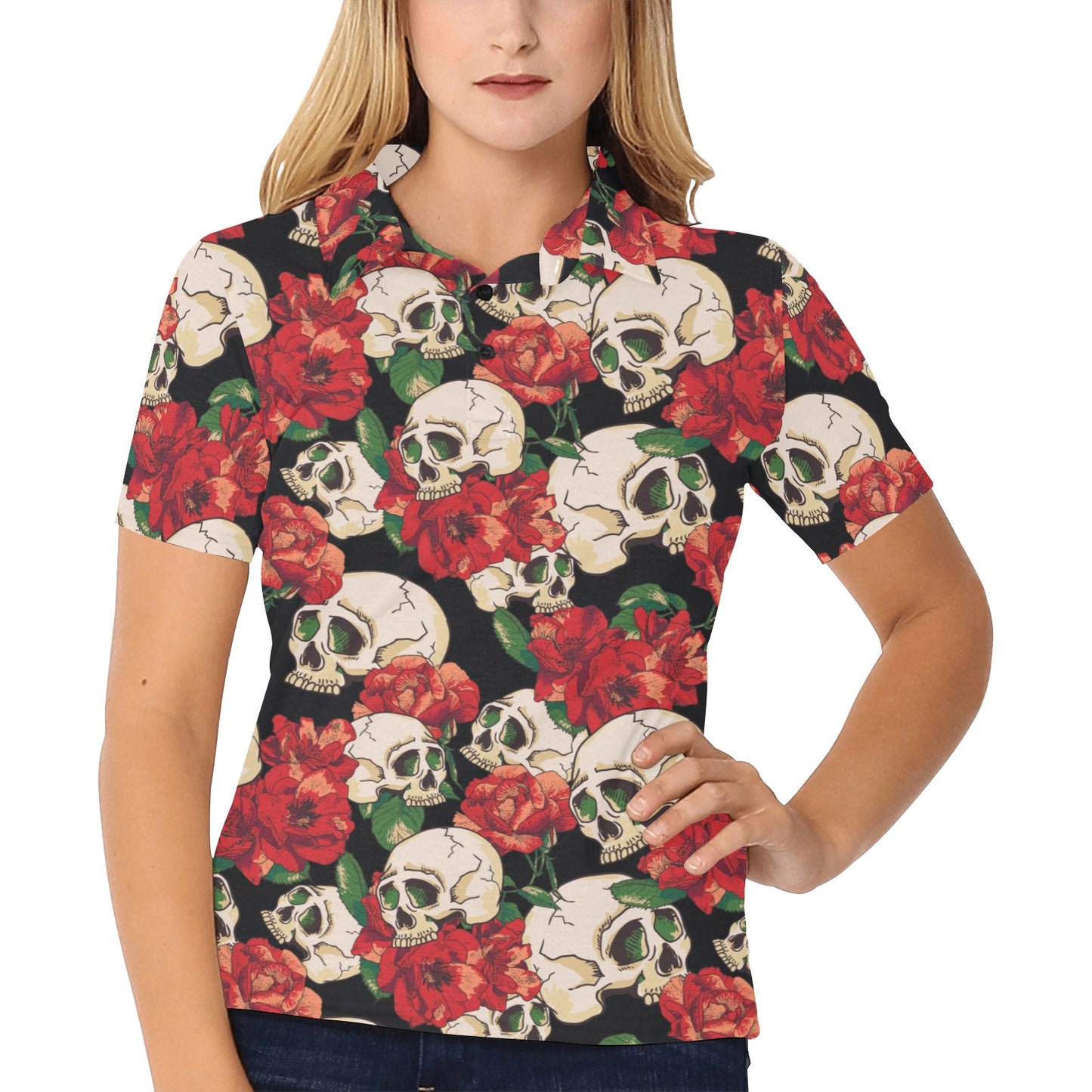 Skull Red Rose Women's Polo Shirt