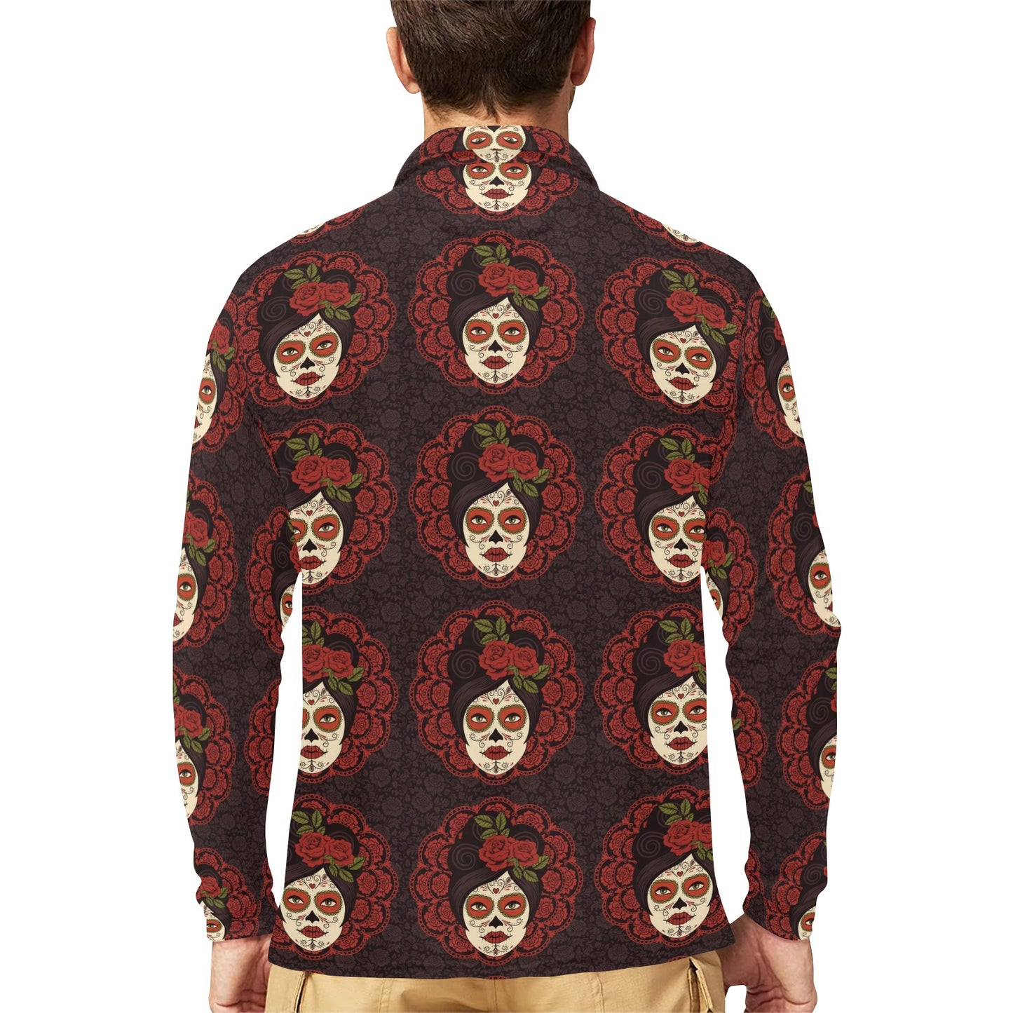 Day of the Dead Mexican Girl Long Sleeve Polo Shirt For Men's