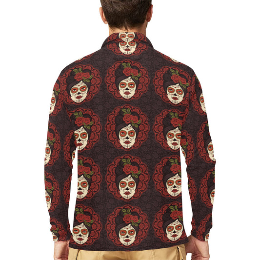 Day of the Dead Mexican Girl Long Sleeve Polo Shirt For Men's