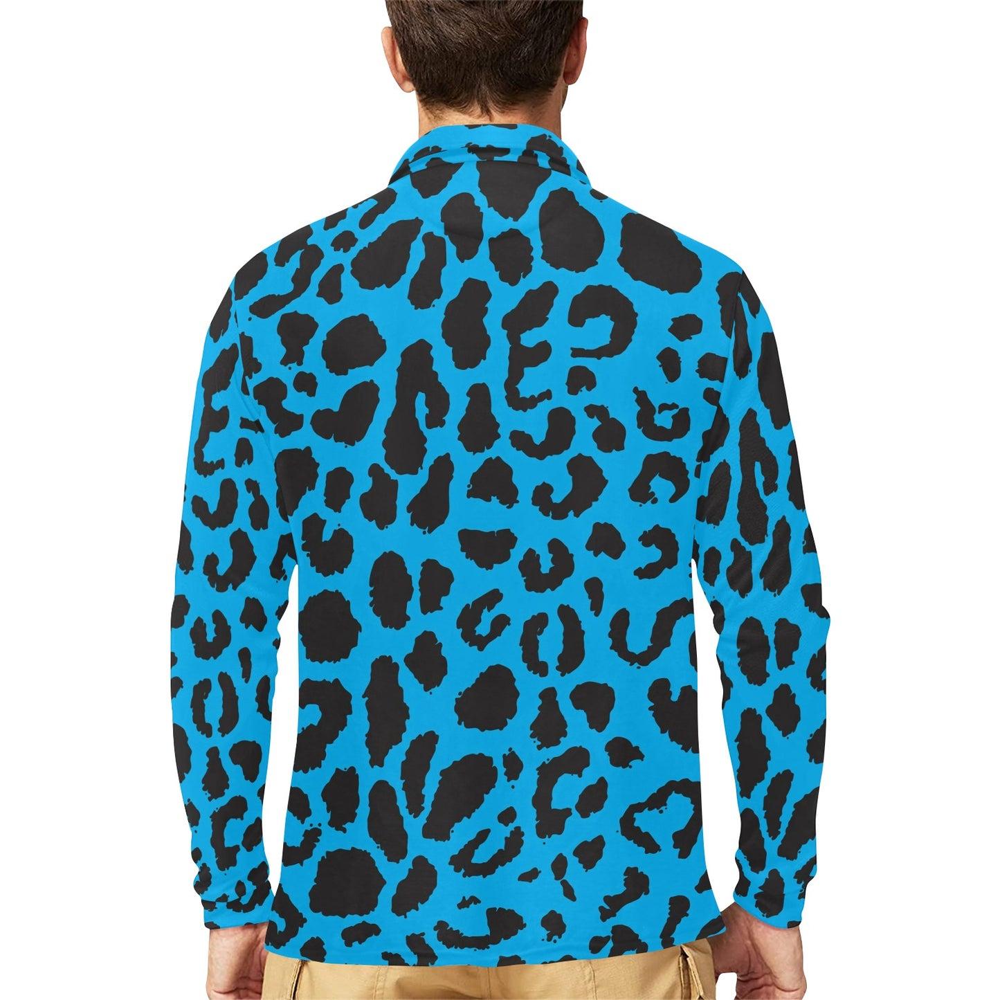 Cheetah Blue Print Pattern Long Sleeve Polo Shirt For Men's