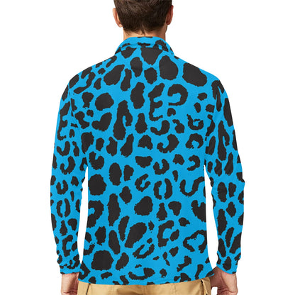 Cheetah Blue Print Pattern Long Sleeve Polo Shirt For Men's
