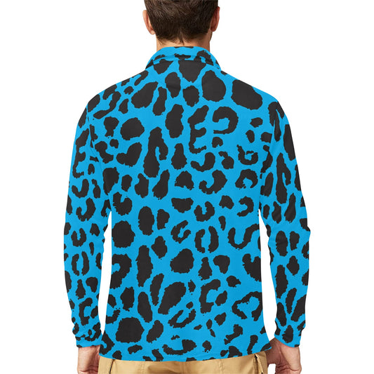 Cheetah Blue Print Pattern Long Sleeve Polo Shirt For Men's