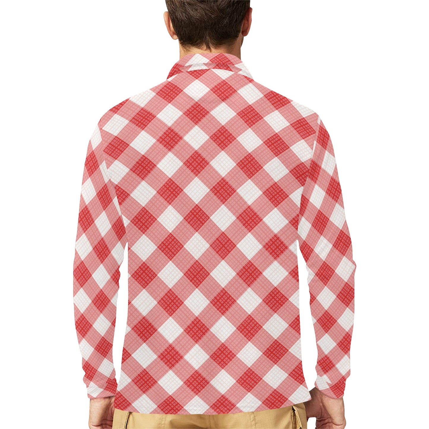 Gingham Red Pattern Print Design 01 Long Sleeve Polo Shirt For Men's