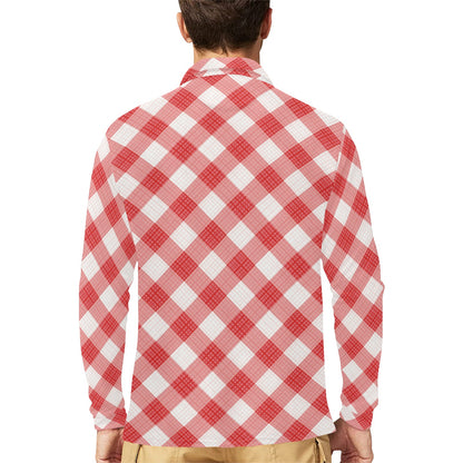 Gingham Red Pattern Print Design 01 Long Sleeve Polo Shirt For Men's