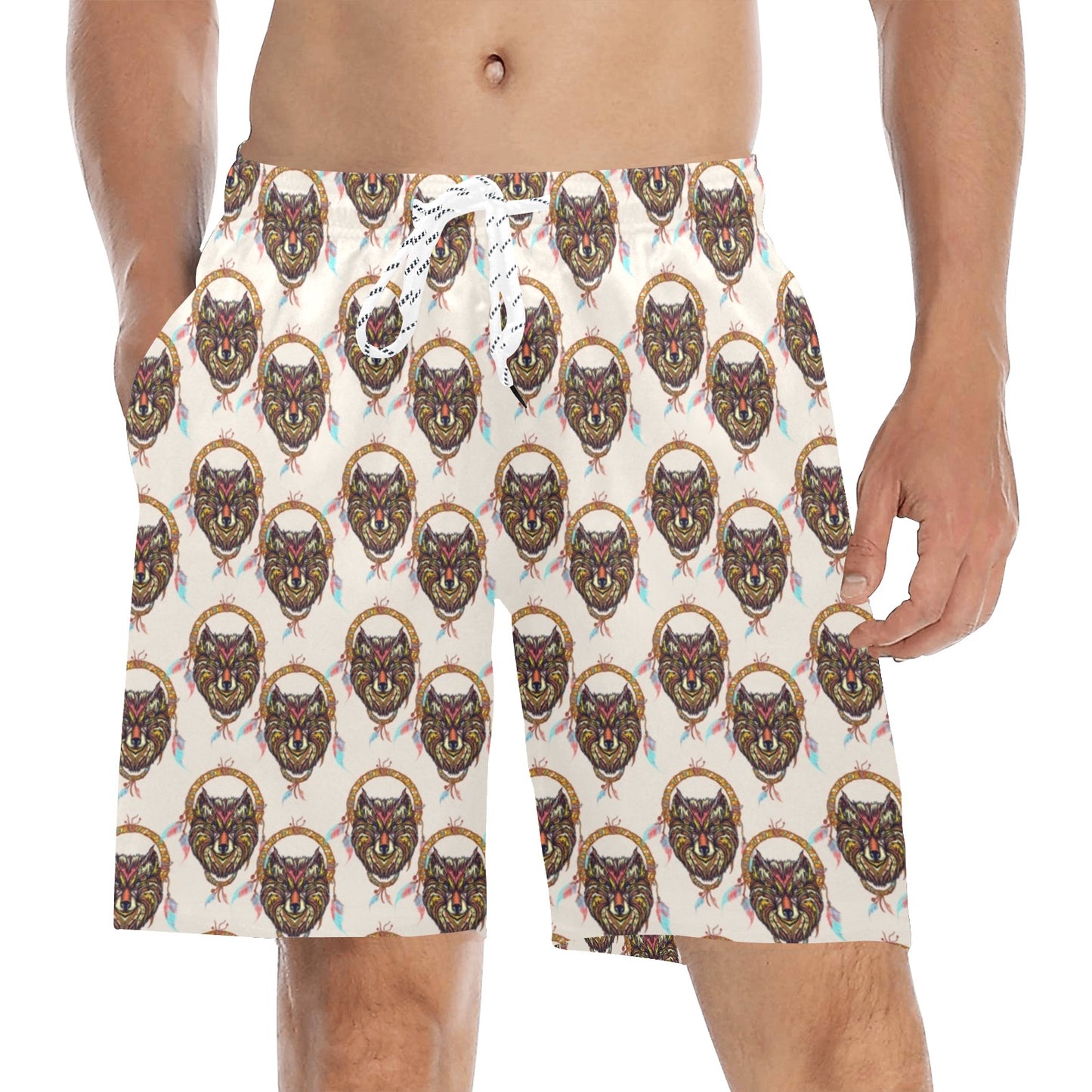 Wolf Tribal Dream Catcher Design Print Men's Swim Trunks Beach Shorts