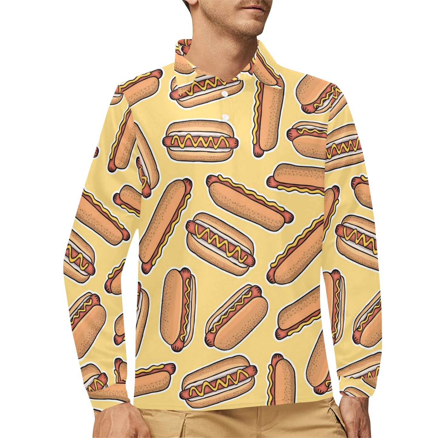 Hot Dog Pattern Print Design 01 Long Sleeve Polo Shirt For Men's