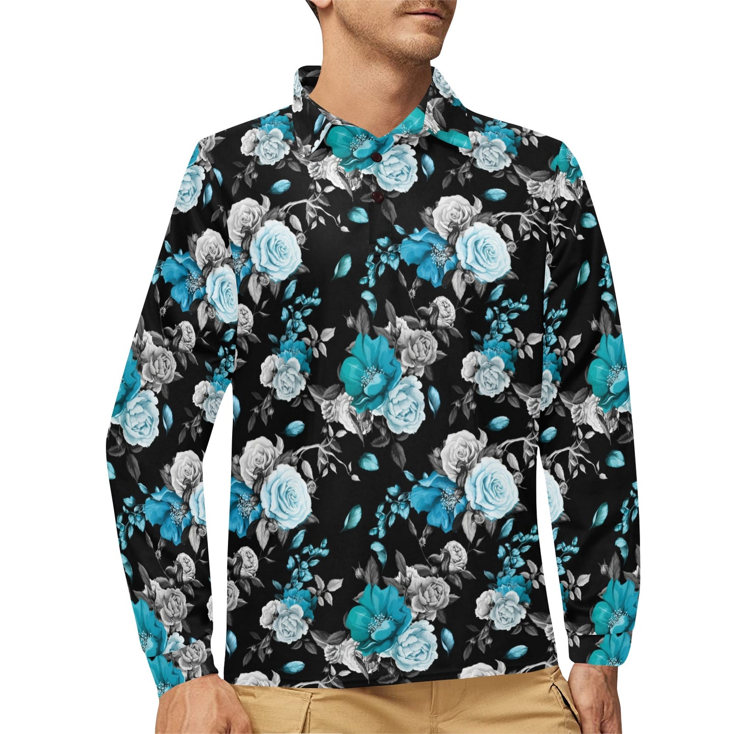 Rose Pattern Print Design A02 Long Sleeve Polo Shirt For Men's