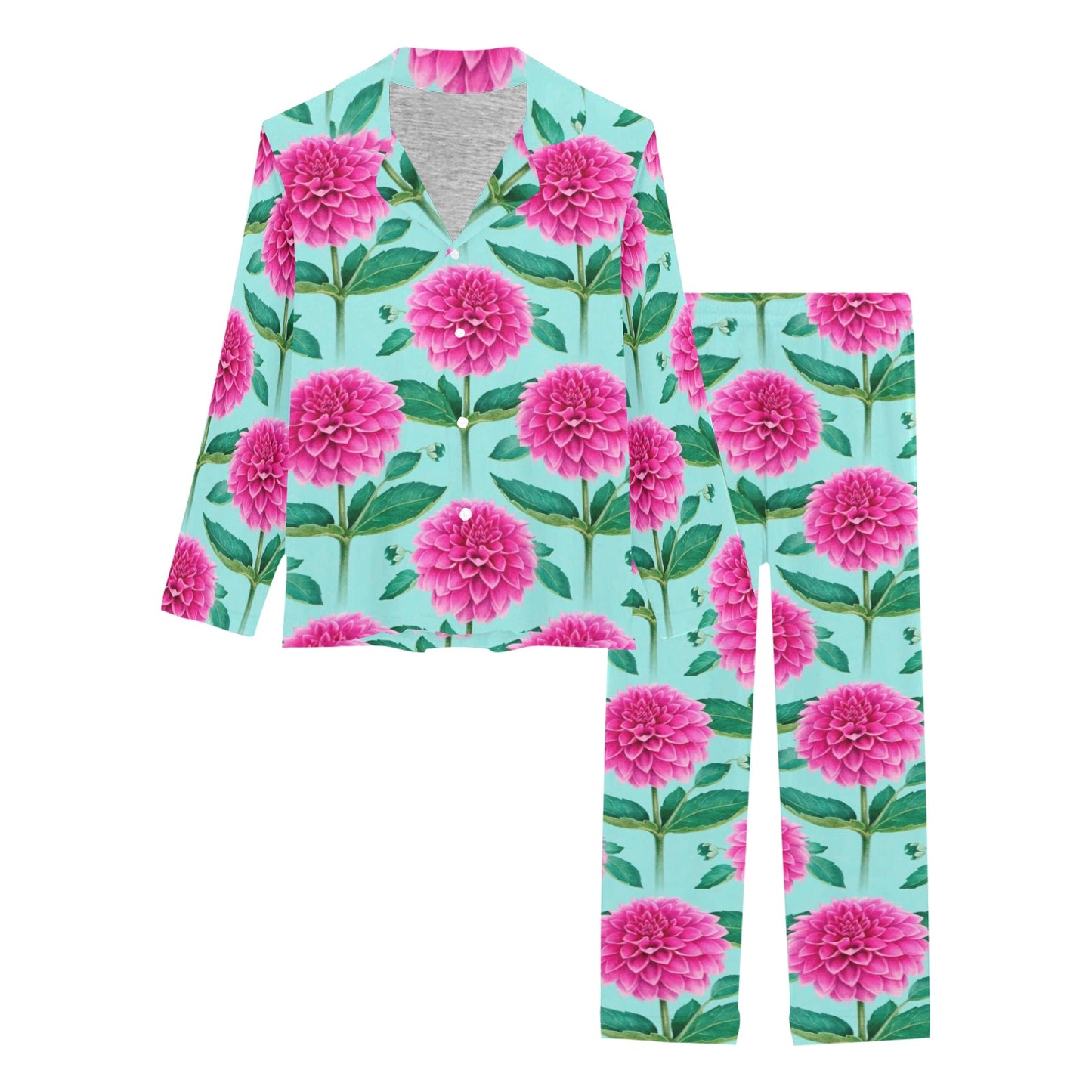 Dahlia Pattern Print Design DH08 Women's Long Pajama Set