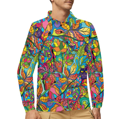 Psychedelic Trippy Flower Print Long Sleeve Polo Shirt For Men's