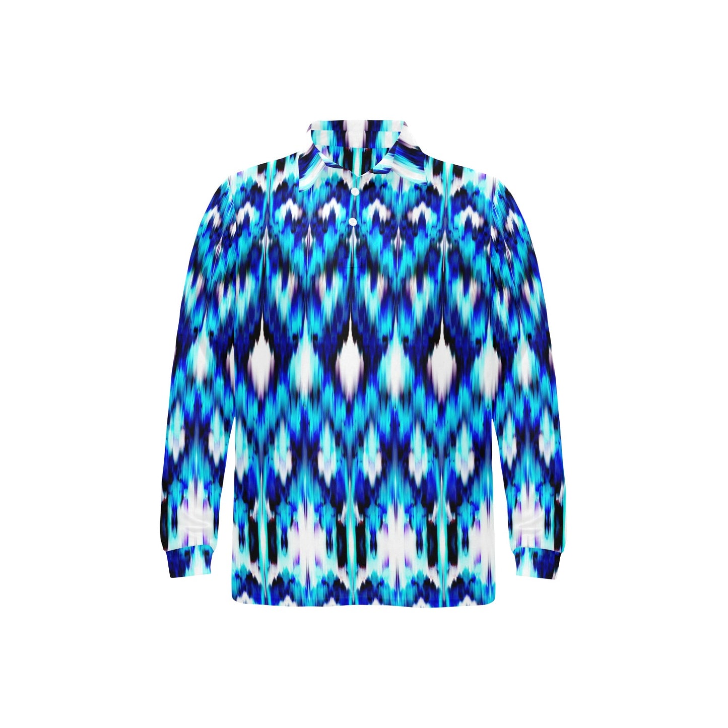 Ikat Blue Pattern Print Design 01 Long Sleeve Polo Shirt For Men's