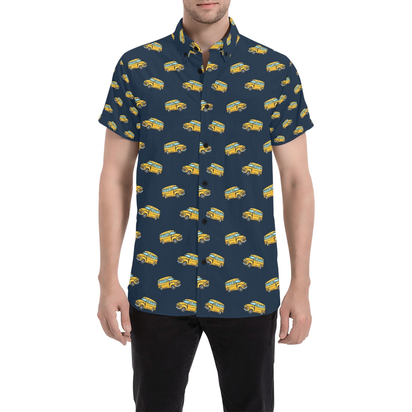School Bus Print Design LKS304 Men Short Sleeve Button Up Shirt