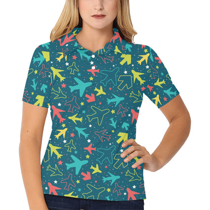 Airplane Pattern Print Design 05 Women's Polo Shirt