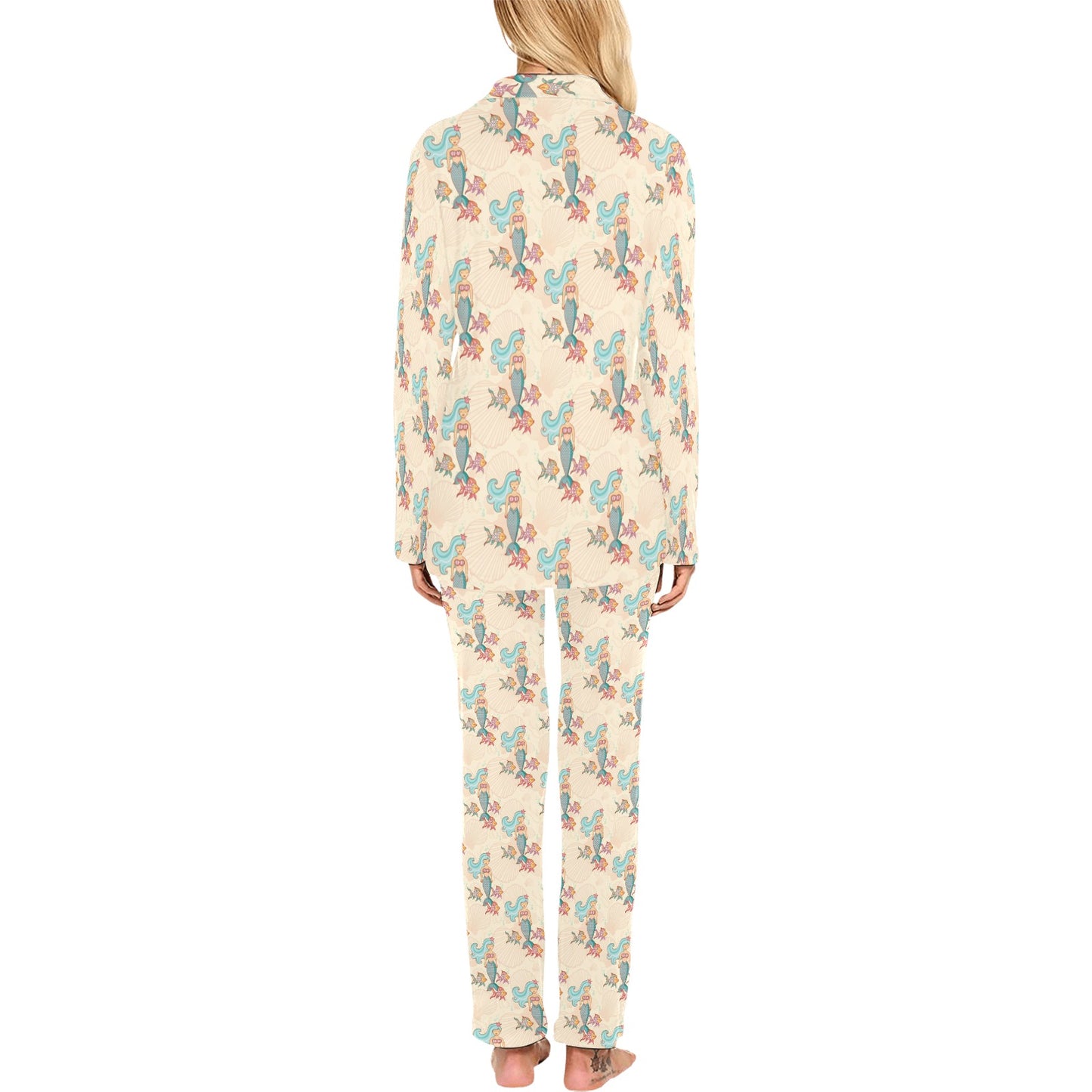 Mermaid Girl With Fish Design Print Women's Long Pajama Set