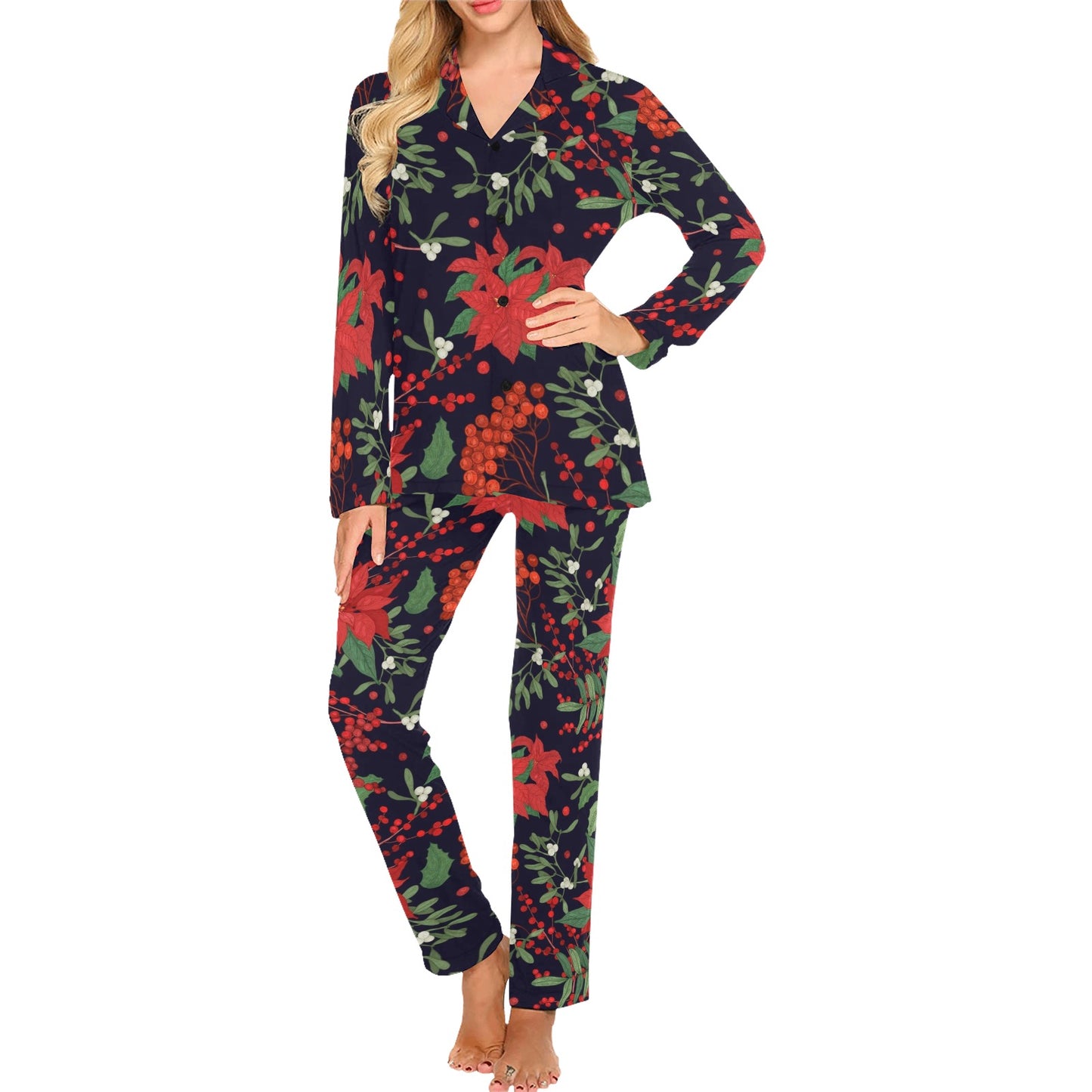Poinsettia Pattern Print Design POT02 Women's Long Pajama Set