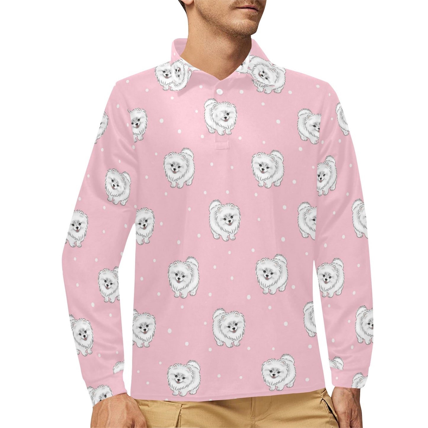 Pomeranians Pattern Print Design A02 Long Sleeve Polo Shirt For Men's