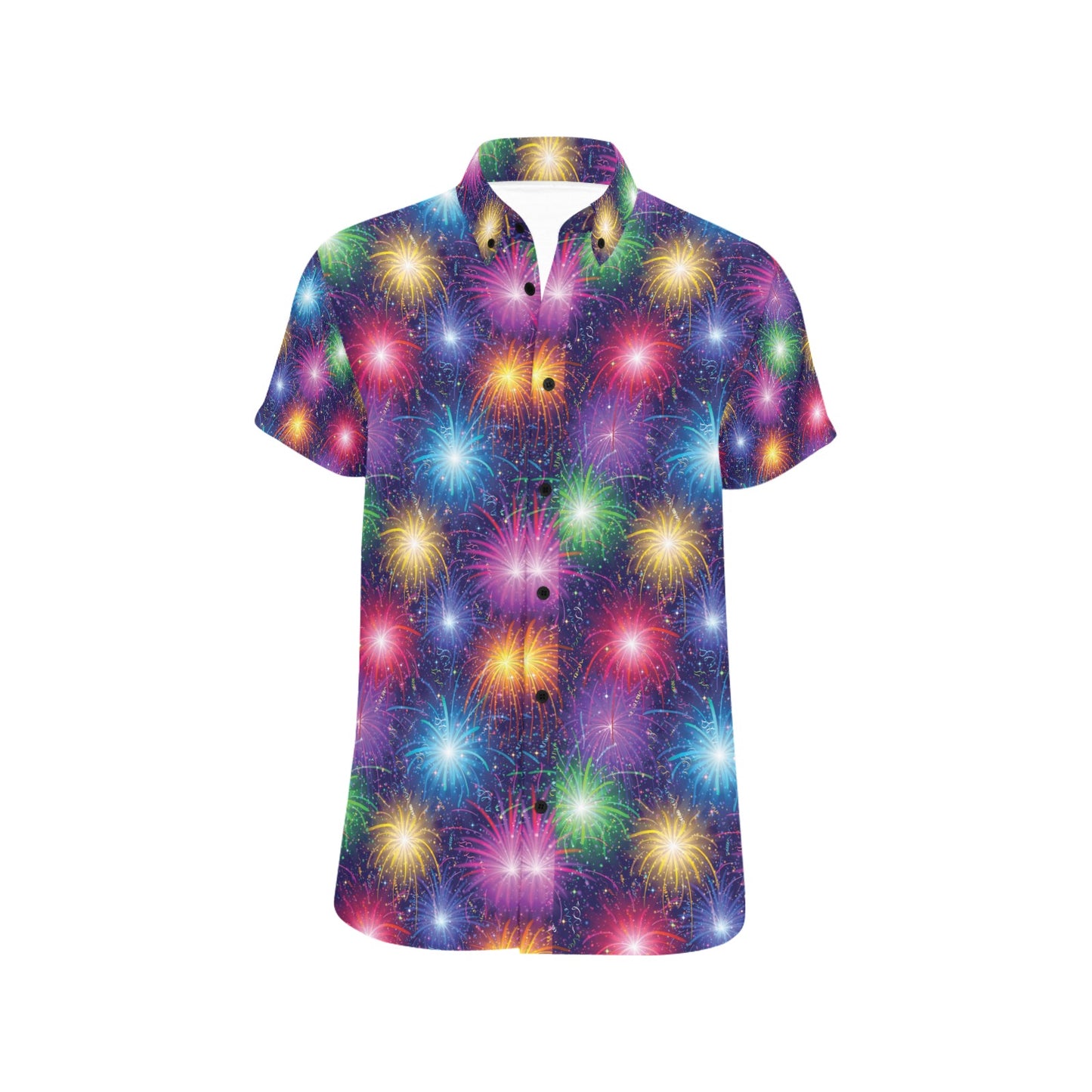 Firework Colorful Print Design LKS301 Men Short Sleeve Button Up Shirt