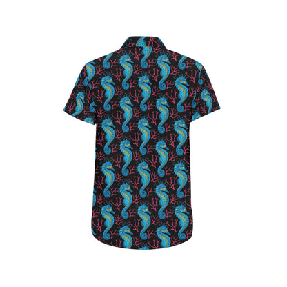 SeaHorse Print Design LKS401 Men Short Sleeve Button Up Shirt