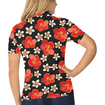 Red Hibiscus Pattern Print Design HB022 Women's Polo Shirt