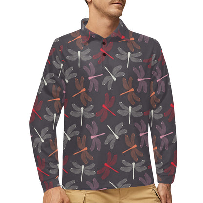 Dragonfly Pattern Print Design 01 Long Sleeve Polo Shirt For Men's