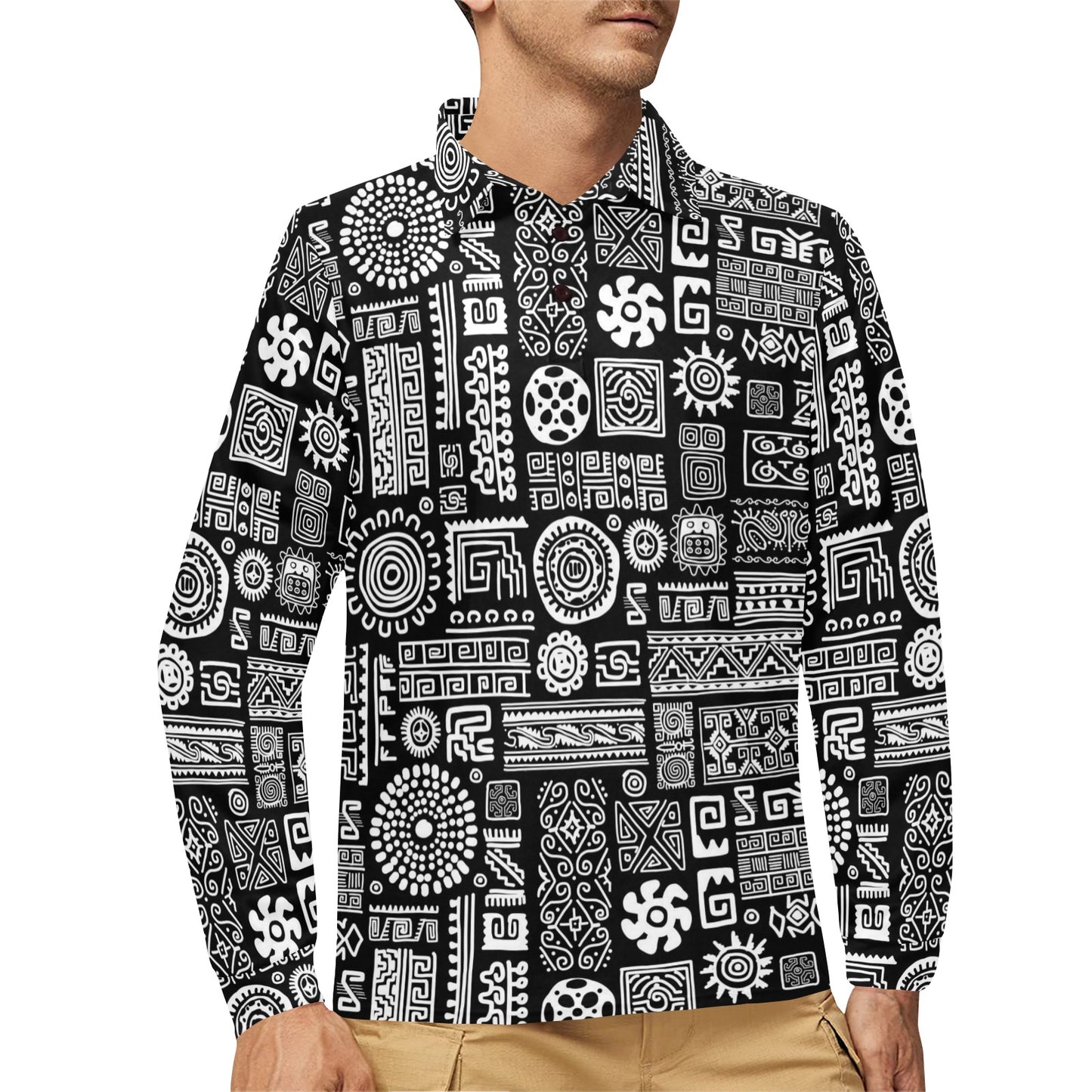 Polynesian Pattern Print Design A02 Long Sleeve Polo Shirt For Men's