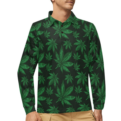 Pot Leaf Pattern Print Design A04 Long Sleeve Polo Shirt For Men's
