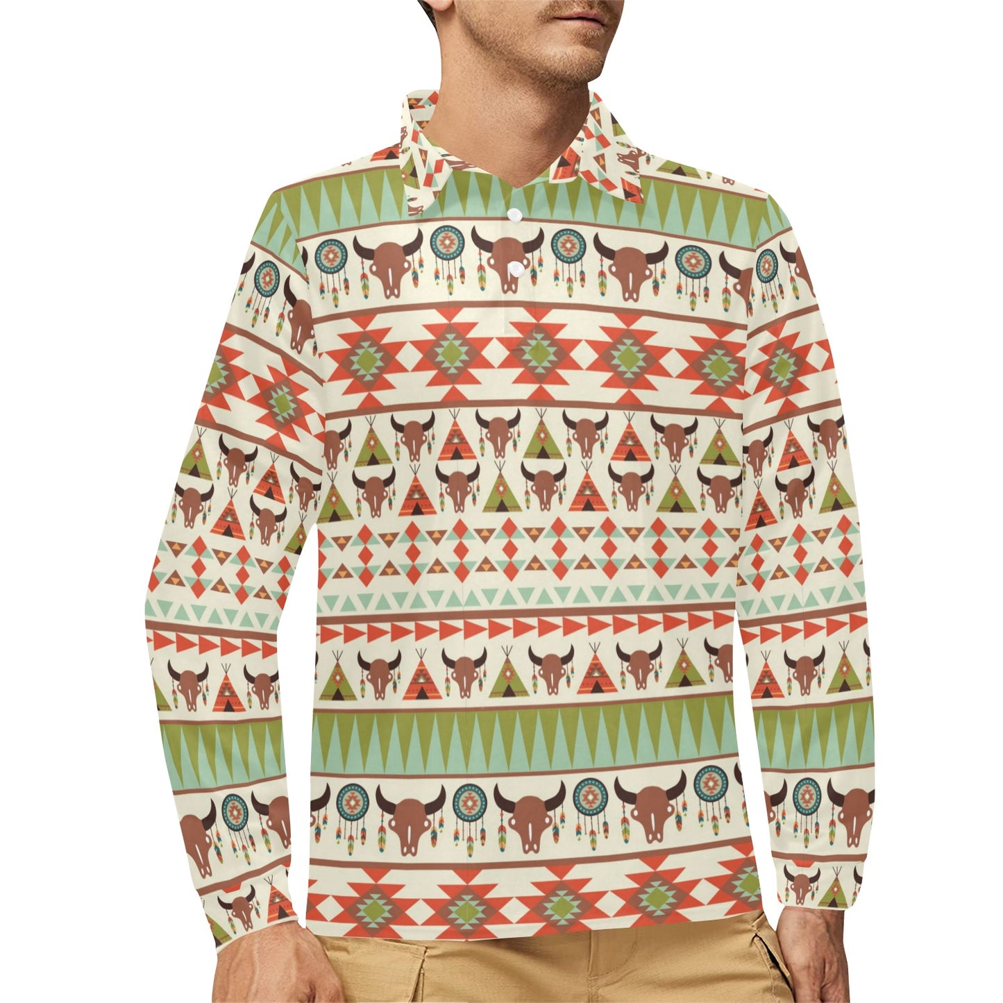 American indian Ethnic Pattern Long Sleeve Polo Shirt For Men's
