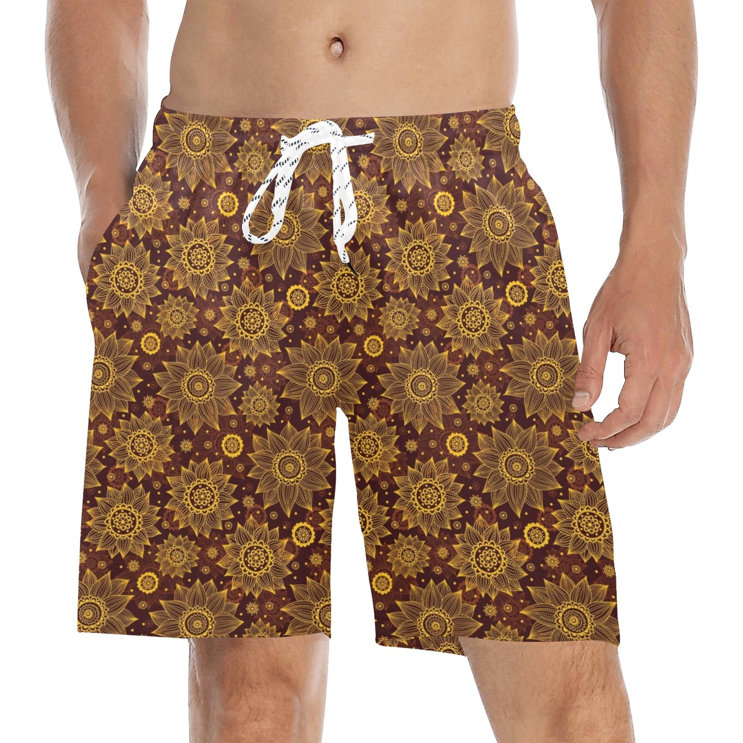 Gold Sunflower Hand Drawn Print Men's Swim Trunks Beach Shorts