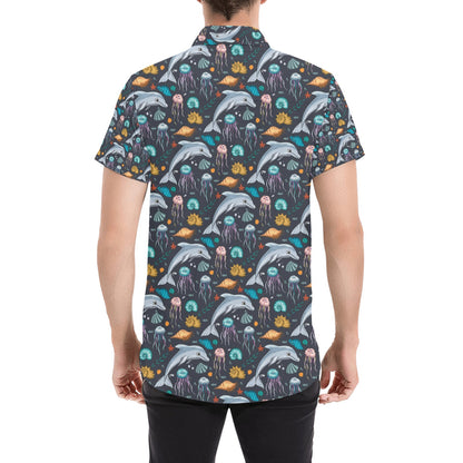 Underwater Dolphin Print Design LKS304 Men Short Sleeve Button Up Shirt