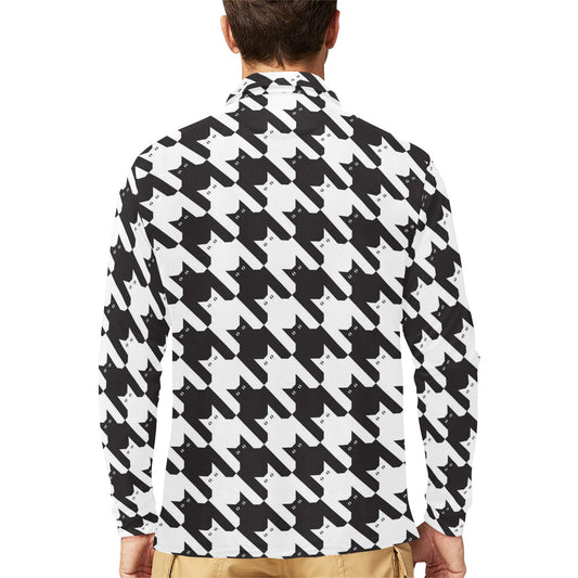 Cat HoundstoothPattern Print Design 01 Long Sleeve Polo Shirt For Men's