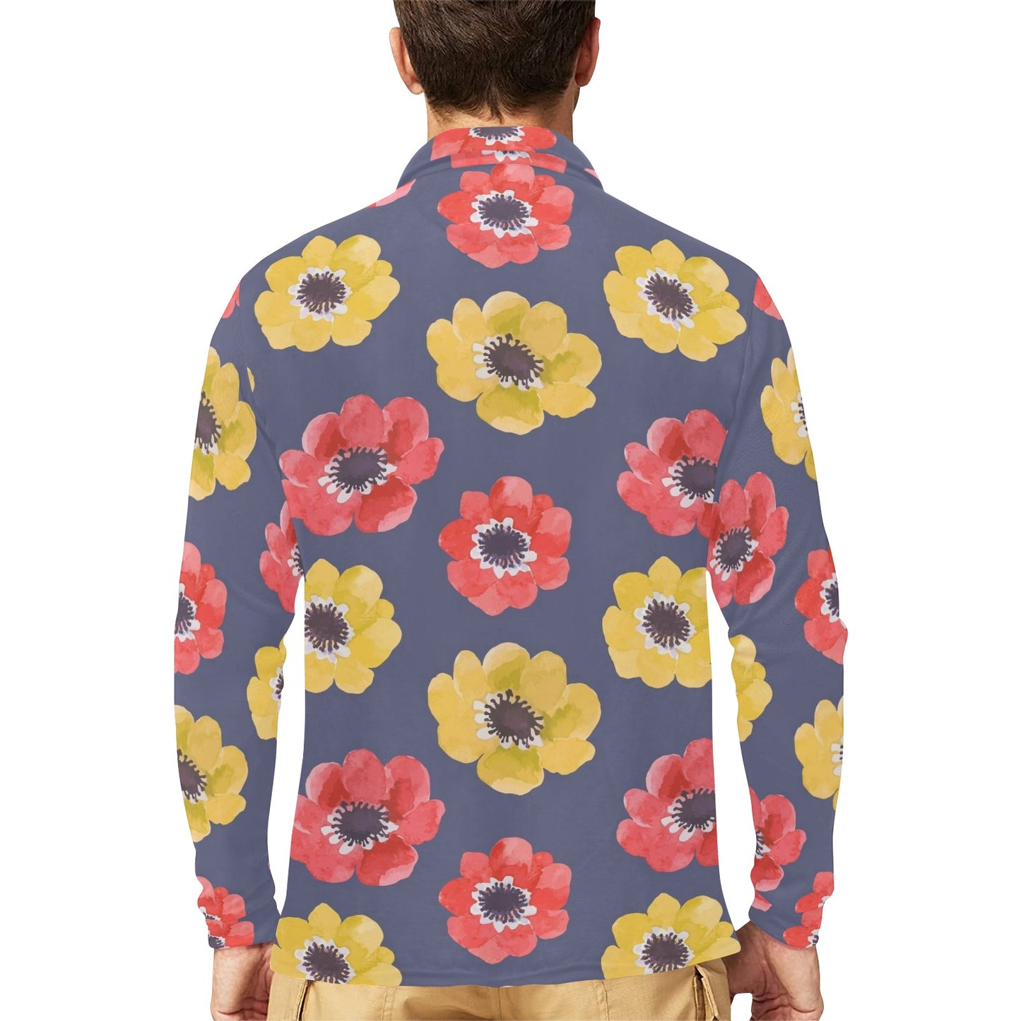 Anemone Pattern Print Design AM010 Long Sleeve Polo Shirt For Men's