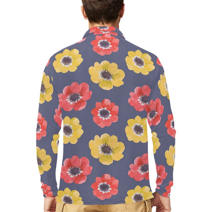Anemone Pattern Print Design AM010 Long Sleeve Polo Shirt For Men's