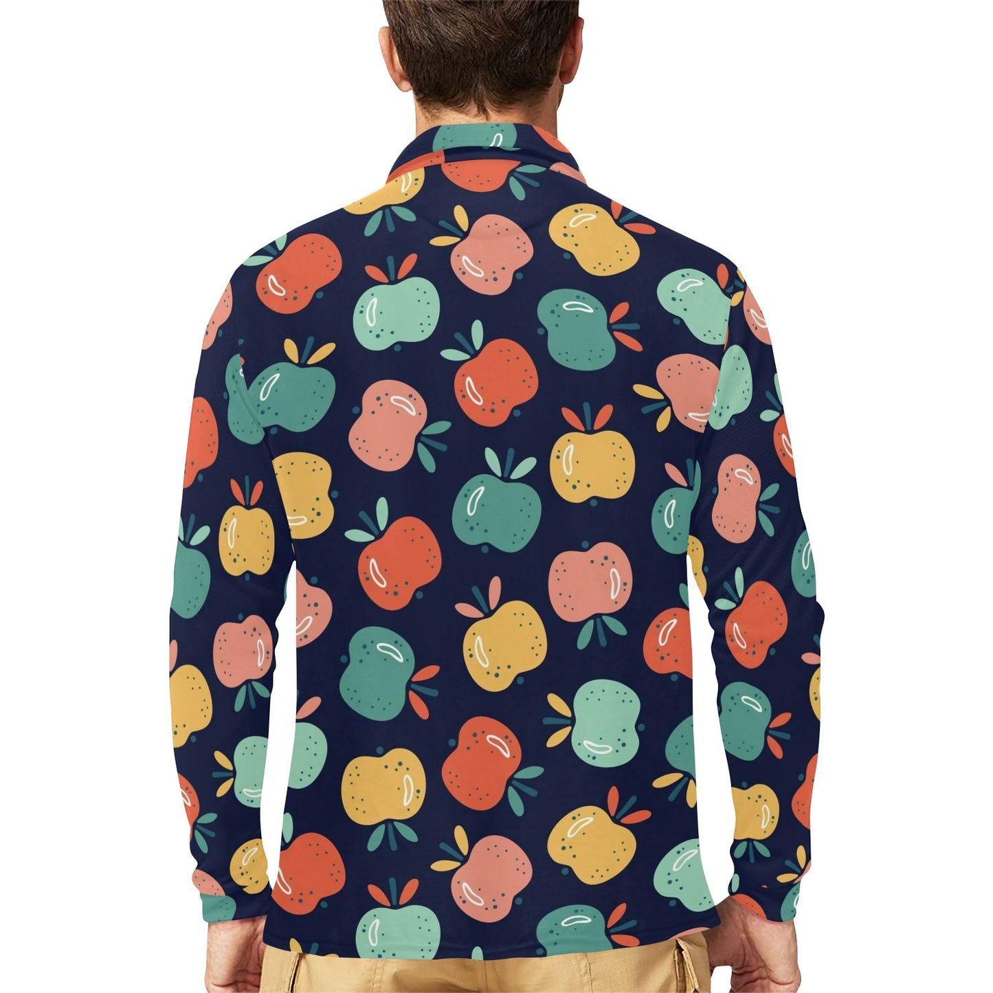 Apple Pattern Print Design AP09 Long Sleeve Polo Shirt For Men's