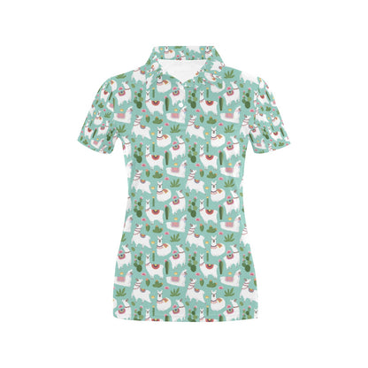 Llama with Cactus Themed Print Women's Polo Shirt