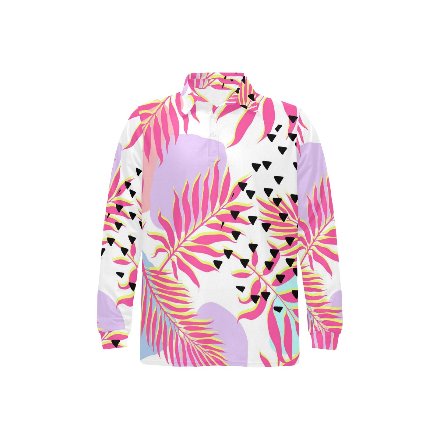 Pink Tropical Palm Leaves Long Sleeve Polo Shirt For Men's