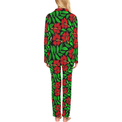 Red Hibiscus Embroidered Pattern Print Design HB032 Women's Long Pajama Set