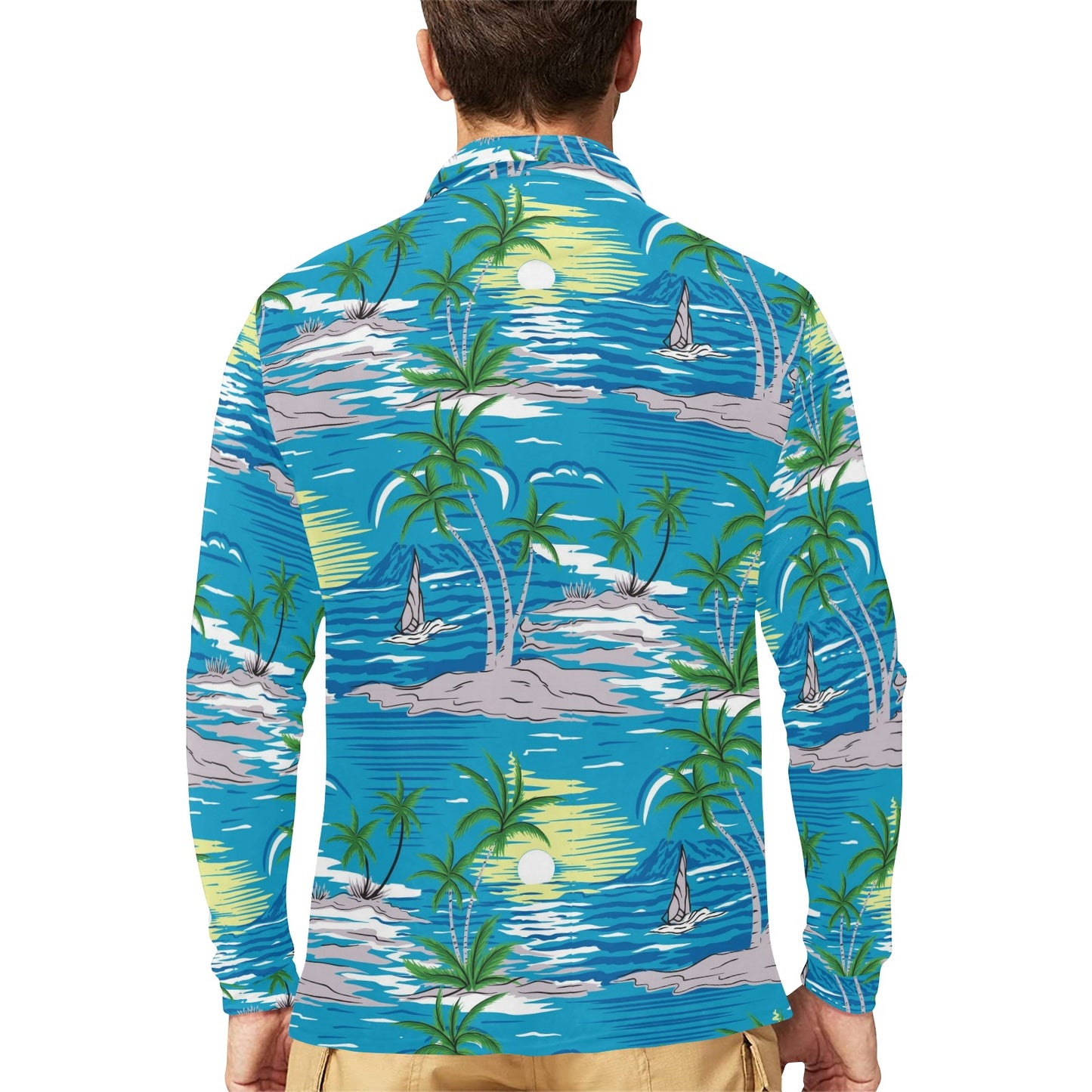 Palm Tree Beach Long Sleeve Polo Shirt For Men's