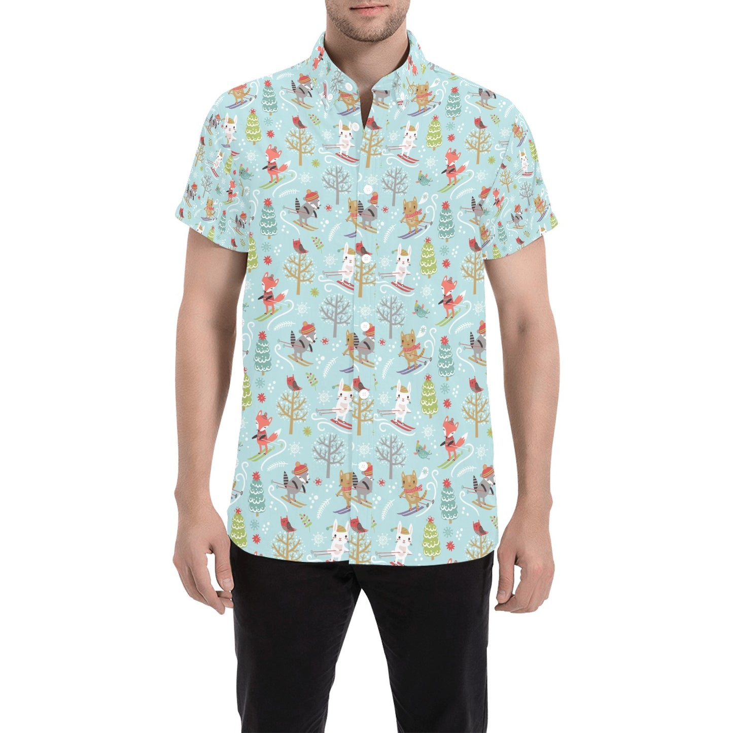 Ski Fox Cute Print Design LKS303 Men Short Sleeve Button Up Shirt