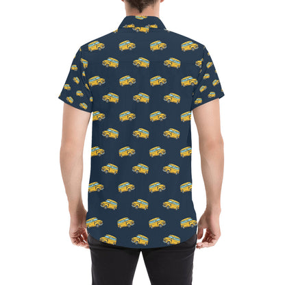 School Bus Print Design LKS304 Men Short Sleeve Button Up Shirt