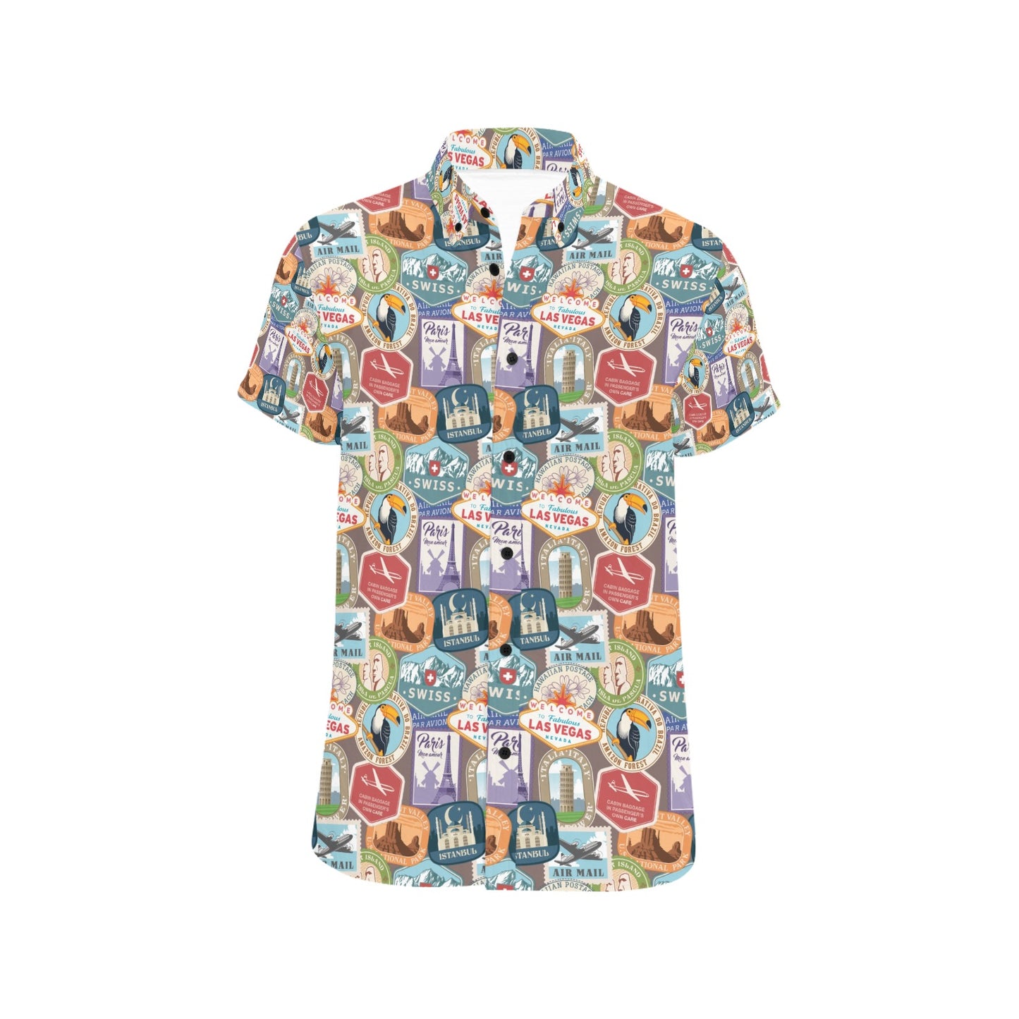 Travel Stamp Print Design LKS301 Men Short Sleeve Button Up Shirt