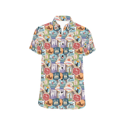 Travel Stamp Print Design LKS301 Men Short Sleeve Button Up Shirt