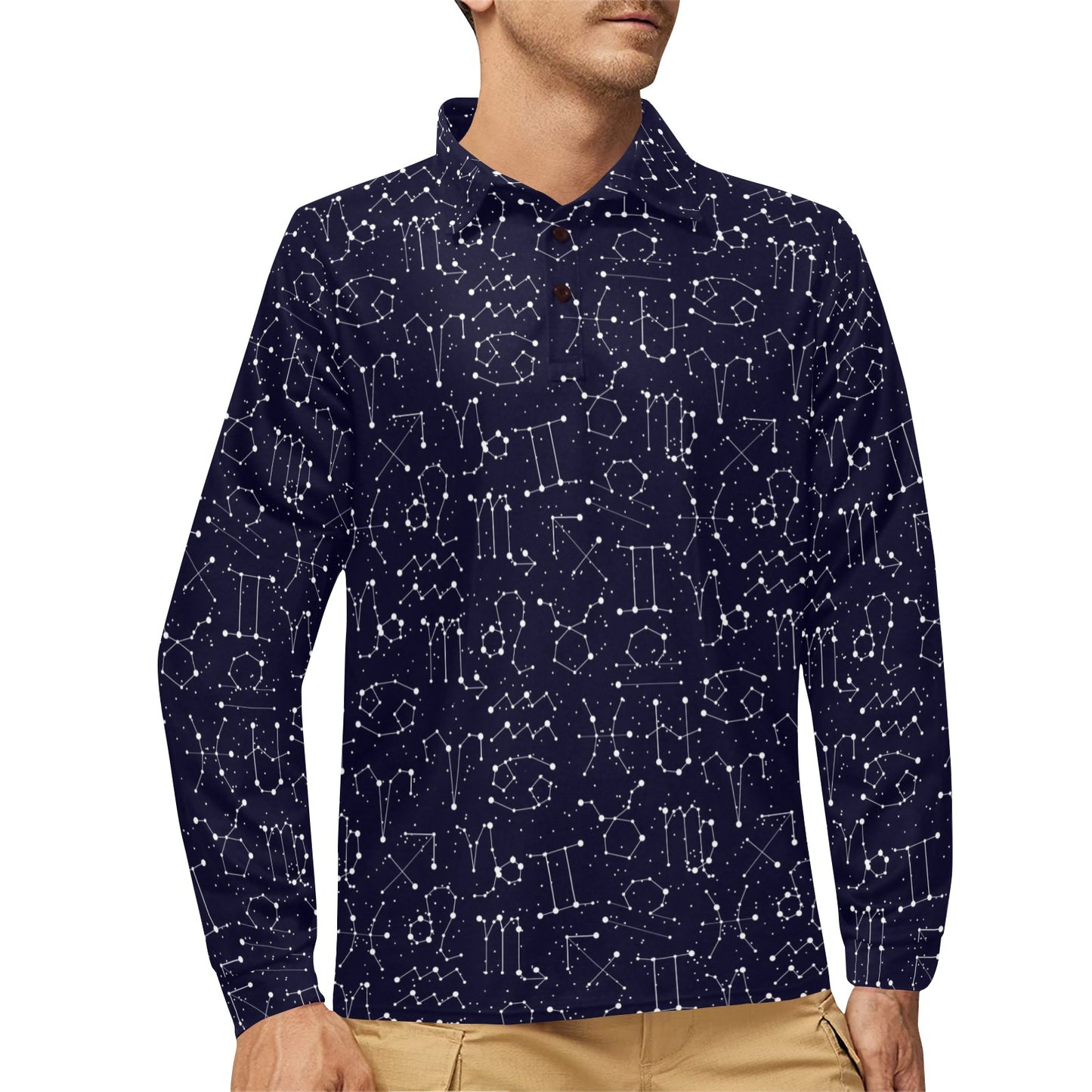 Zodiac Pattern Design Print Long Sleeve Polo Shirt For Men's