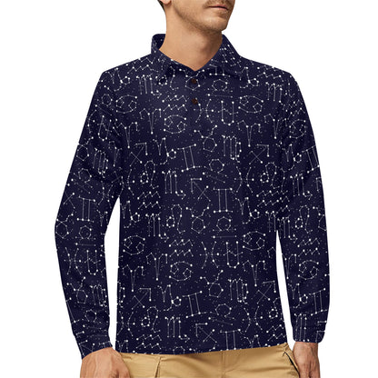Zodiac Pattern Design Print Long Sleeve Polo Shirt For Men's