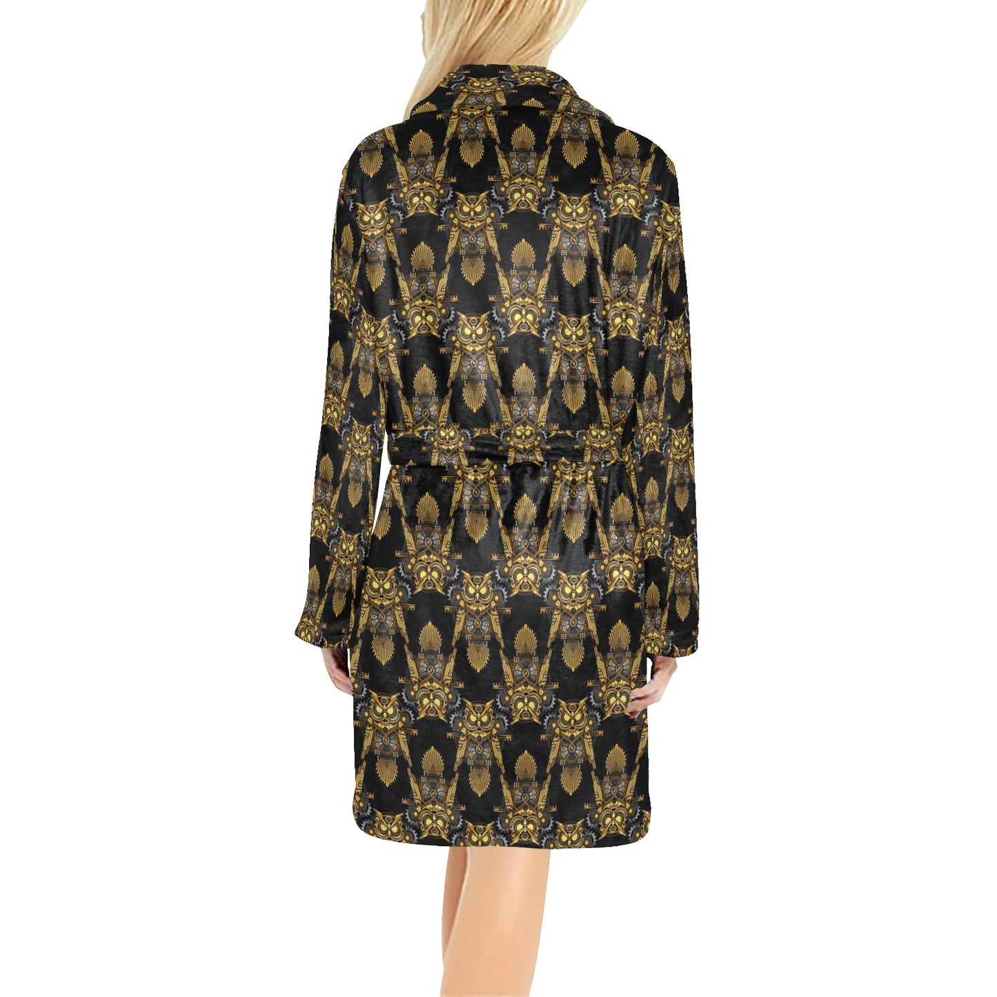 Steampunk Gold Owl Design Themed Print Women's Fleece Robe