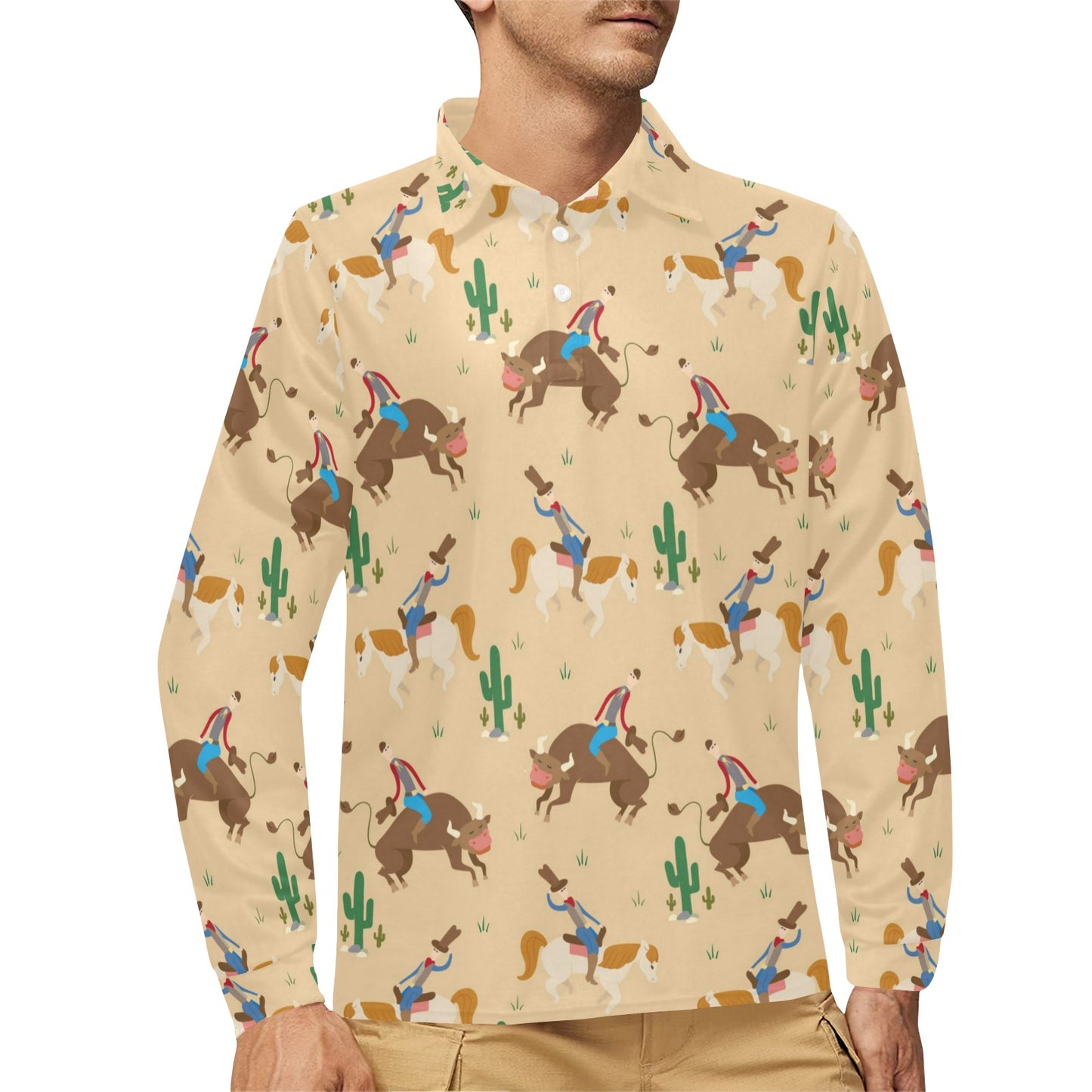 Rodeo Pattern Print Design A02 Long Sleeve Polo Shirt For Men's