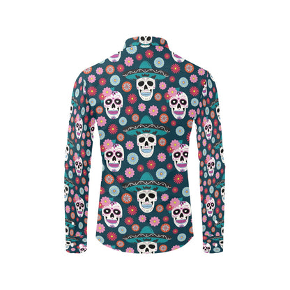 Sugar Skull Print Design LKS308 Men's Long Sleeve Dress Shirt