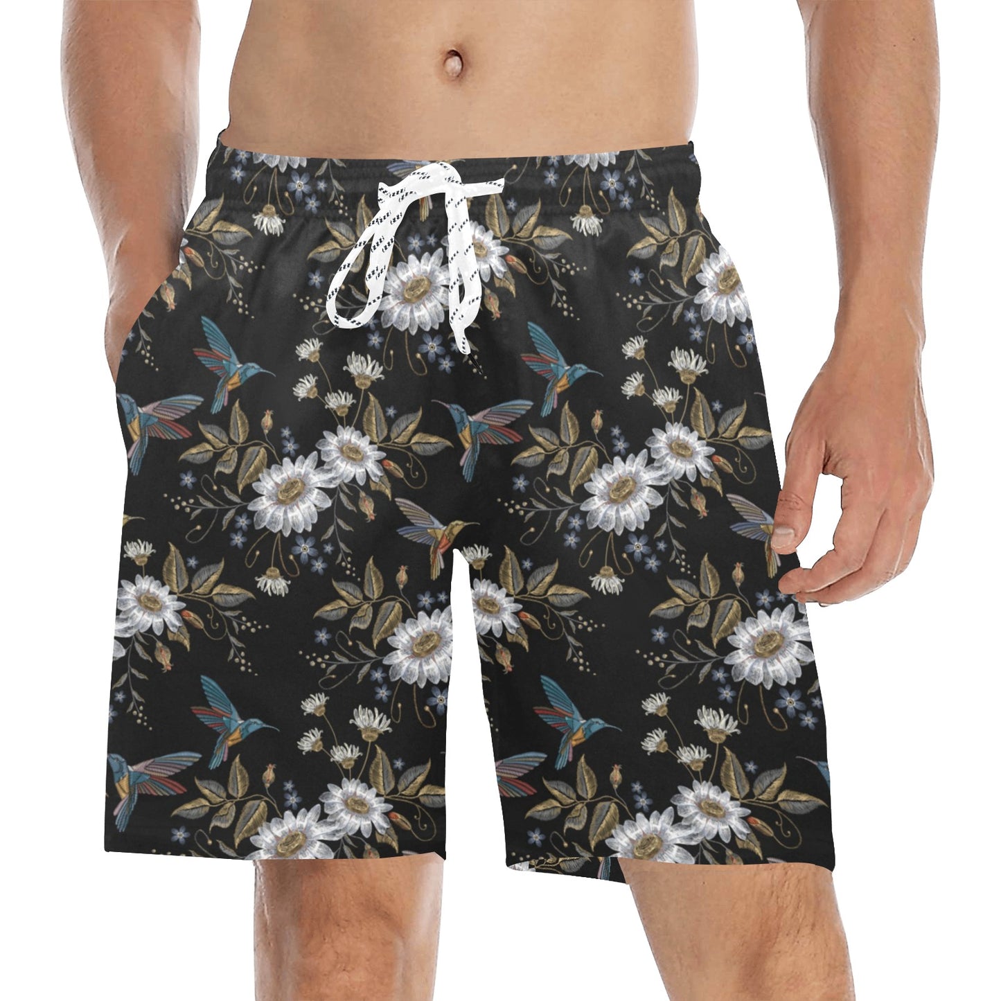 Hummingbird with Embroidery Themed Print Men's Swim Trunks Beach Shorts