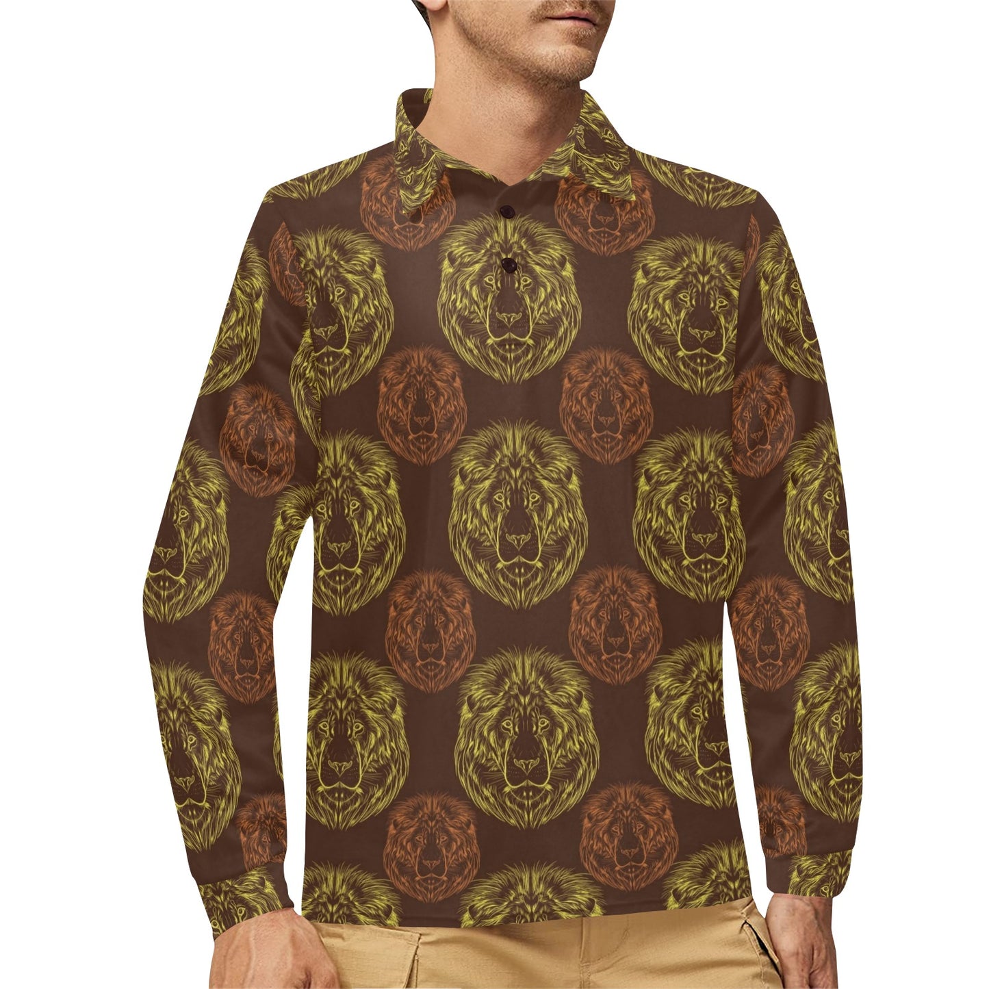 Lion Pattern Print Design 04 Long Sleeve Polo Shirt For Men's